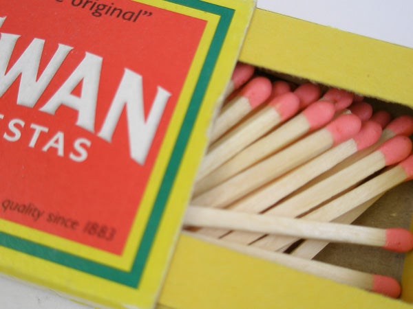 Close-up of matches in an open Swan Vestas box