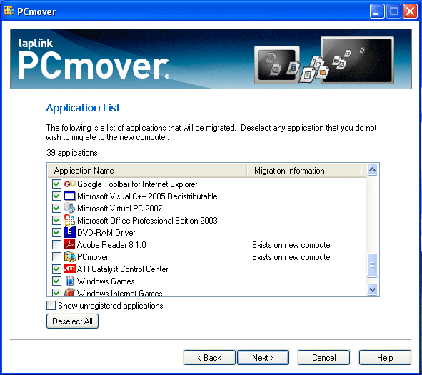 Laplink PCmover software application list interface screenshot.