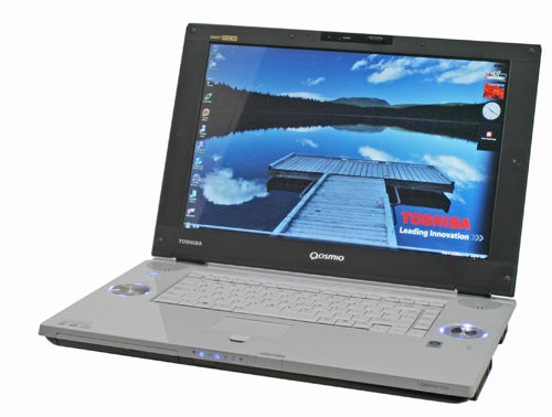 Toshiba Qosmio G40-10E laptop with open lid displaying screen.