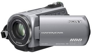 Sony DCR-SR72E Handycam camcorder on white background.