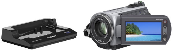 Sony DCR-SR72E camcorder with docking station and LCD display
