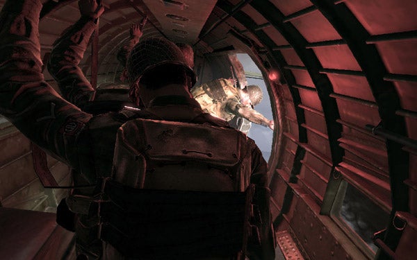 Screenshot from Medal of Honor: Airborne game showing a paratrooper jump.