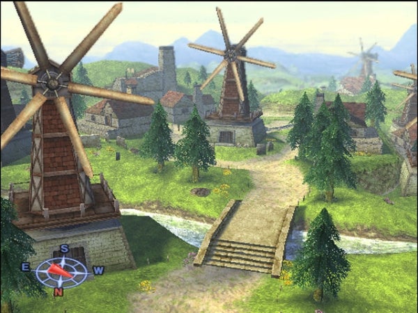Scenic view from Rogue Galaxy game showing windmills and village.