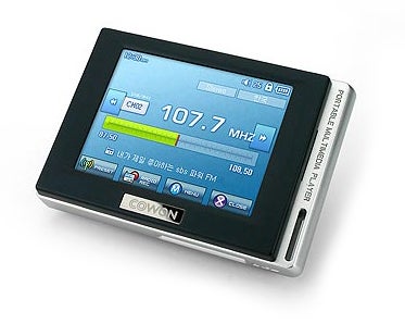 Cowon D2 DMB 4GB MP3 player with FM tuner display.