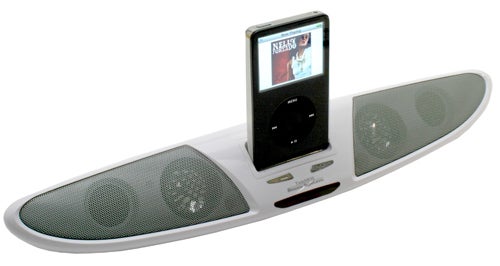 TwinMOS BooM System 2.1 Speaker with docked iPod.