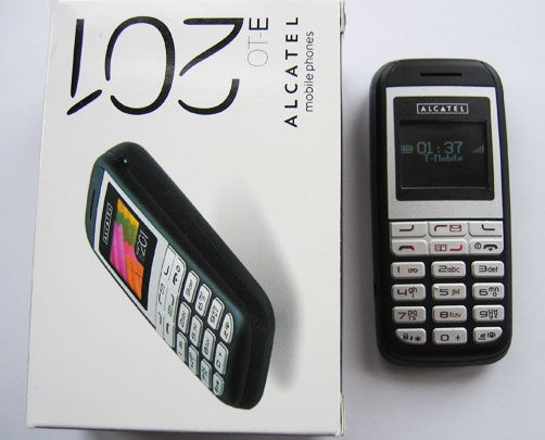 Alcatel OT-E201 mobile phone next to its packaging.