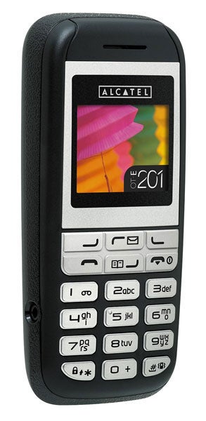 Alcatel OT-E201 mobile phone on white background.