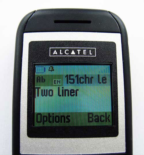 Close-up of Alcatel OT-E201 mobile phone display.