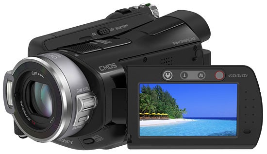 Sony HDR-SR8E camcorder with a flip-out LCD screen displaying a beach scene.