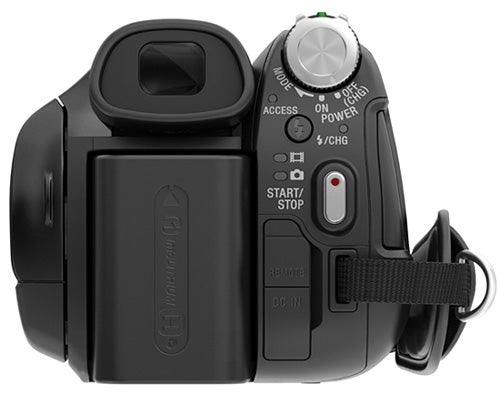 Sony HDR-SR8E Camcorder side view showing buttons and controls.
