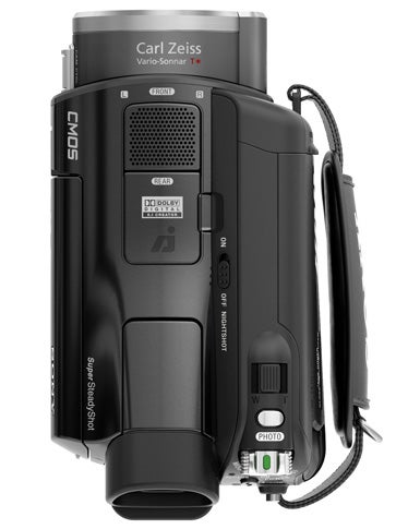 Sony HDR-SR8E camcorder side view with Carl Zeiss lens.