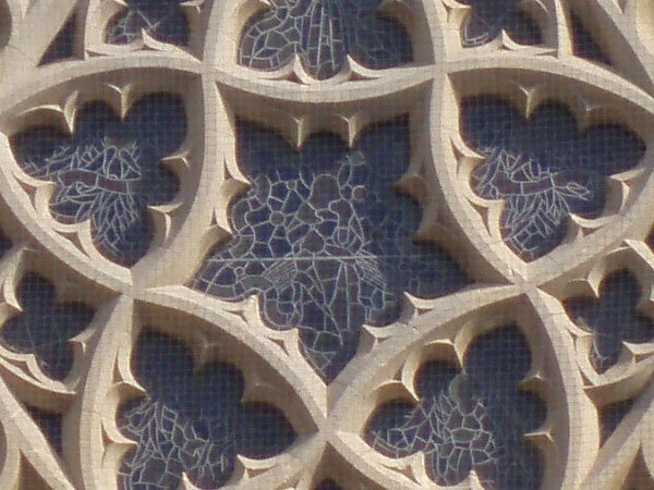 Close-up of intricate stone lattice work with vine patterns.