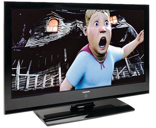 Samsung PS-50P96FD 50-inch plasma TV displaying animated content.