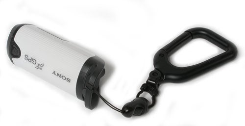 Sony GPS Location Recorder with carabiner clip on white background.
