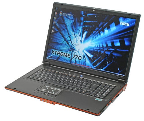 Rock Xtreme 770 laptop with open lid displaying desktop.