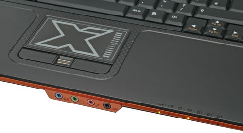 Close-up of Rock Xtreme 770 laptop keyboard and audio ports.