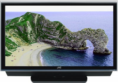 JVC LT-37DG8BJ 37-inch LCD TV displaying beach and cliffs scene.