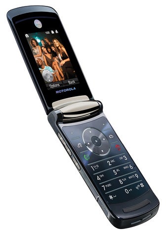 Motorola MOTORAZR2 V8 flip phone open, displaying screen and keypad.