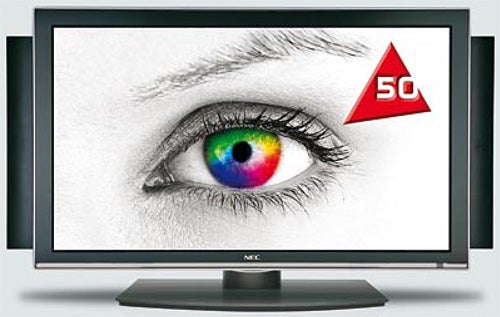 NEC PlasmaSync 50XR6 50-inch plasma TV displaying colorful eye graphic
