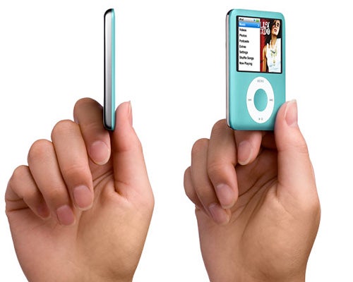 Hands holding an Apple iPod nano 8GB 3rd generation from different angles.