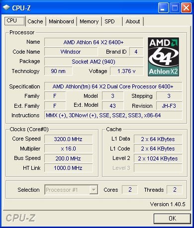 Screenshot of CPU-Z utility showing AMD Athlon 64 X2 specs.