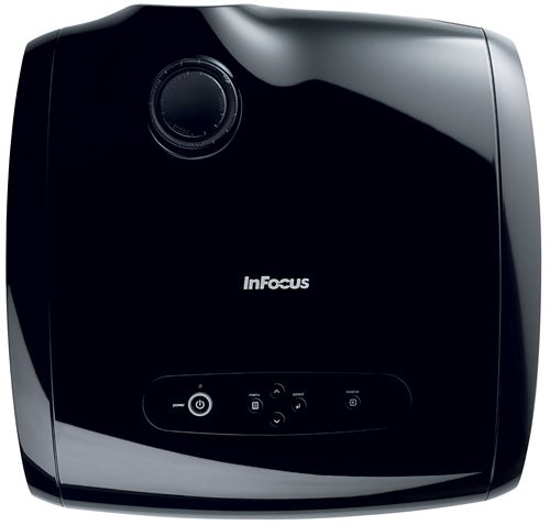 InFocus IN78 projector with glossy black finish and logo.