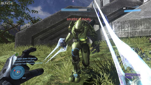 Halo 3 gameplay showing character with energy sword.