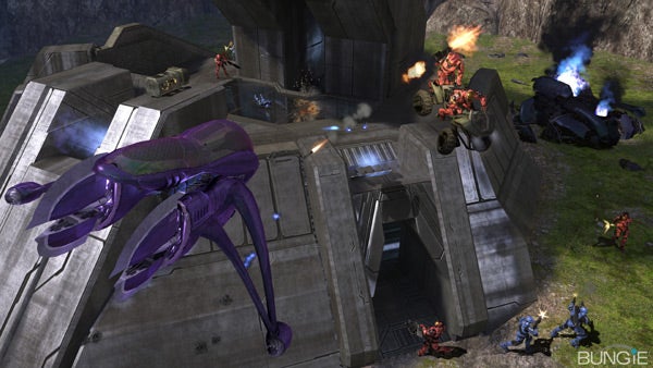 Action scene from Halo 3 video game with combat and vehicles.