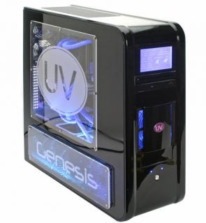 Black computer case with Ultra Violet Genesis logo and LED lights