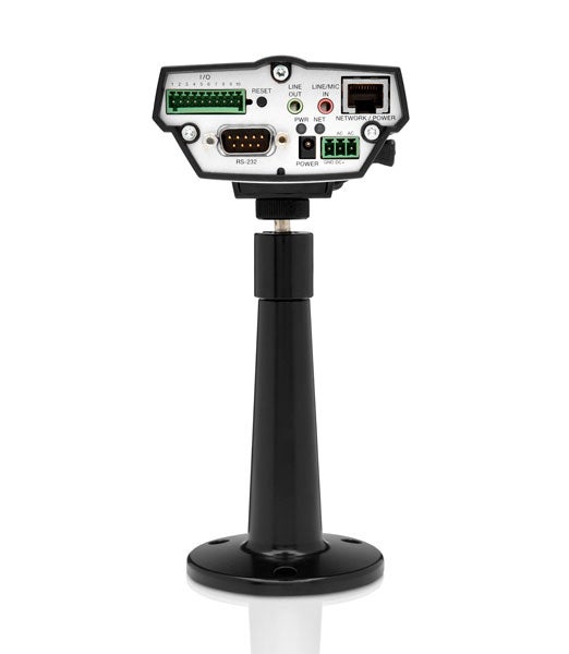 Axis 223M Network Camera on stand showing connectivity ports.