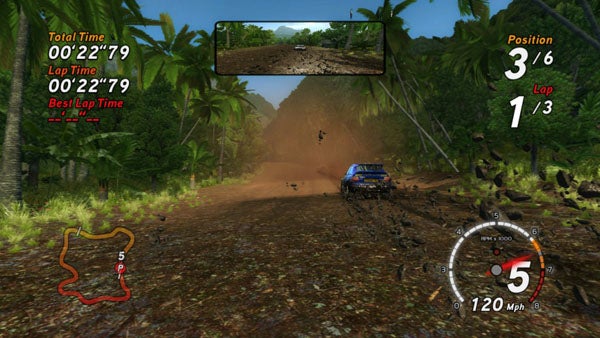 In-game screenshot of Sega Rally with race car and HUD stats.