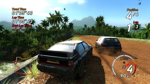 Screenshot of Sega Rally video game showing in-game racing action.