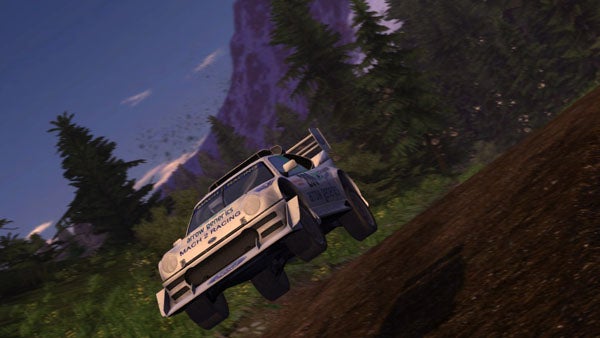 Screenshot of a car racing in Sega Rally video game.