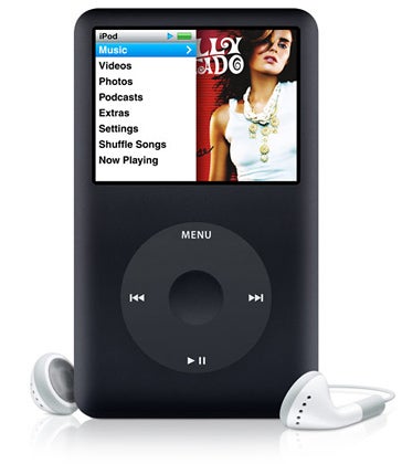 Black Apple iPod Classic 80GB with earbuds.