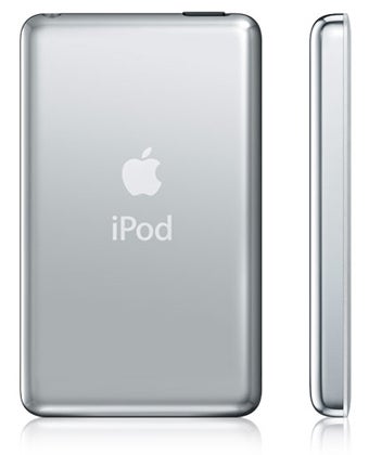 Apple iPod Classic 80GB in silver, front and side view.