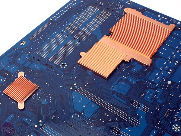 Gigabyte GA-X38T-DQ6 motherboard back with copper heatsinks.