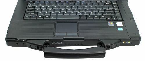 Panasonic ToughBook CF-52 notebook open showing keyboard and handle.