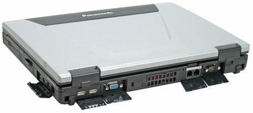 Panasonic ToughBook CF-52 laptop with open ports and connections.