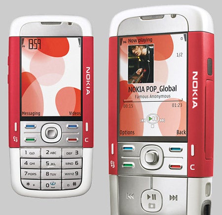 Nokia 5700 XpressMusic phone with music player interface.