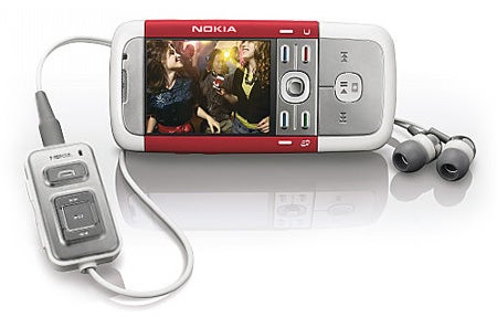 Nokia 5700 XpressMusic phone with earphones and remote control.