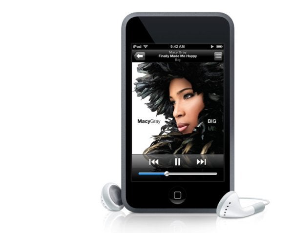 Apple iPod touch 16GB with earphones displaying Macy Gray album.