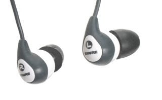 Shure SE110 earphones with noise-isolating sleeves.
