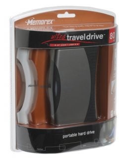 Memorex Ultra TravelDrive in packaging, 80 GB portable hard drive.