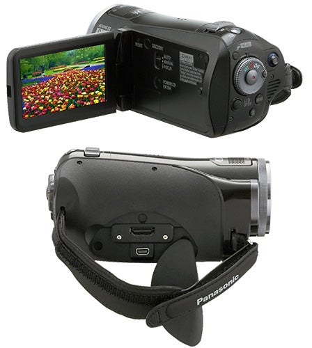 Panasonic HDC-SD5 camcorder with flip-out LCD screen.
