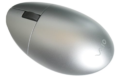Silver Sony VAIO wireless mouse on white background.