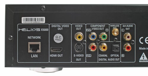 Back panel of Helios X5000 Network Media Player showing ports.