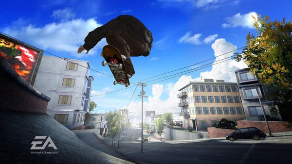 Skater performing trick above city ramp in a video game.