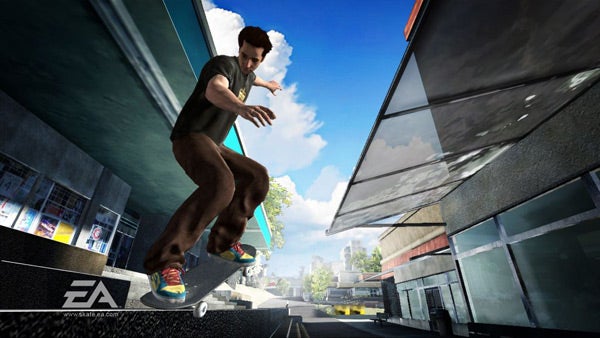 Animated character performing a skateboard trick in an urban setting.