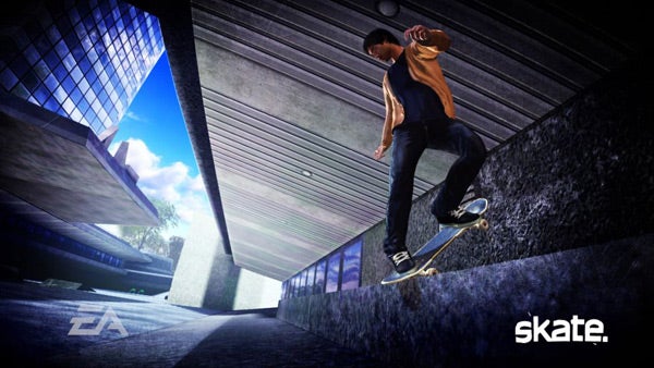 Skater performing a trick in a skateboarding video game.
