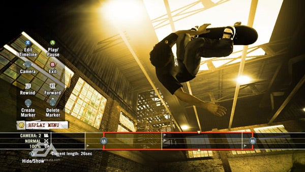 Skateboarder performing trick in a video game interface.